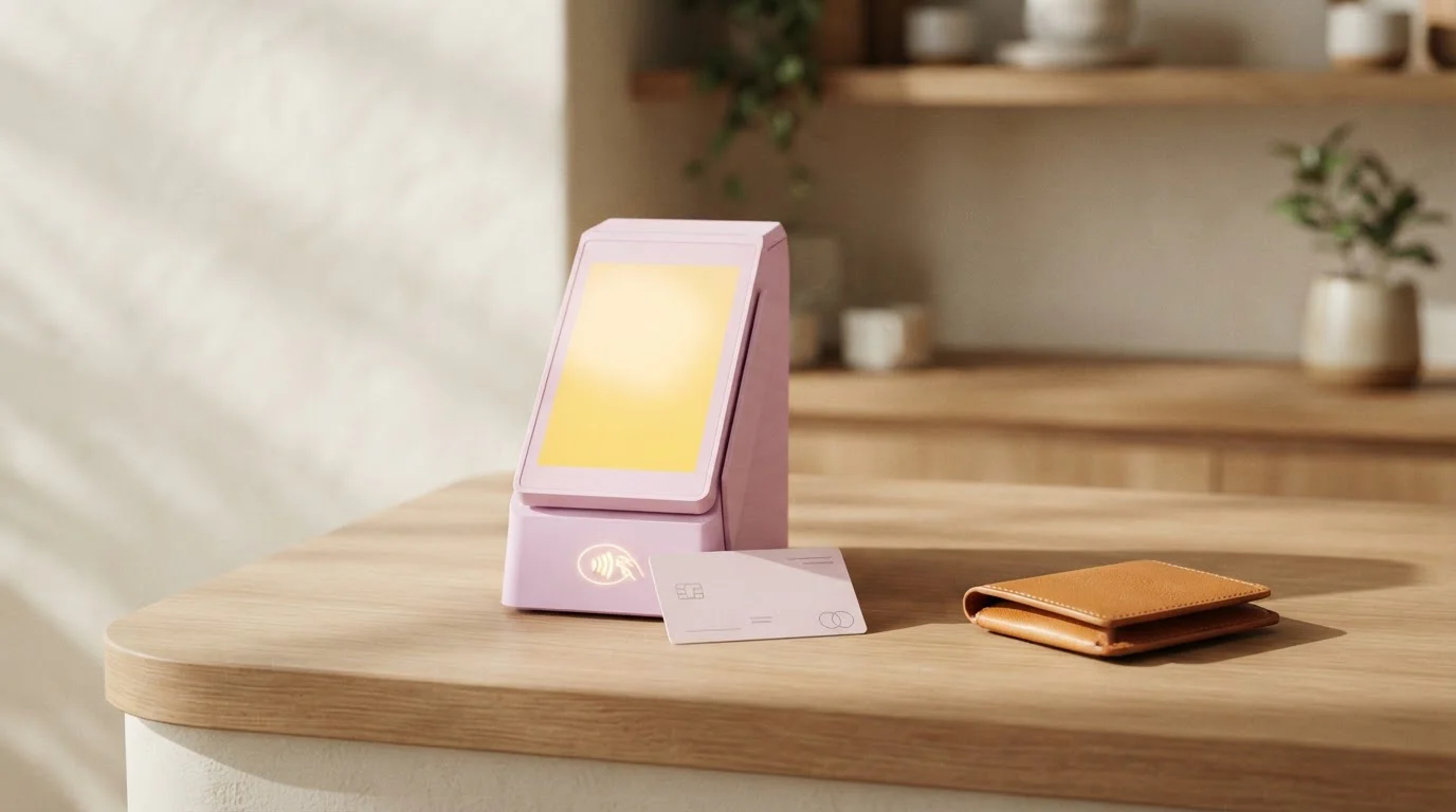 Bankkarte neben einem Bezahlterminal auf einem hellen Tisch