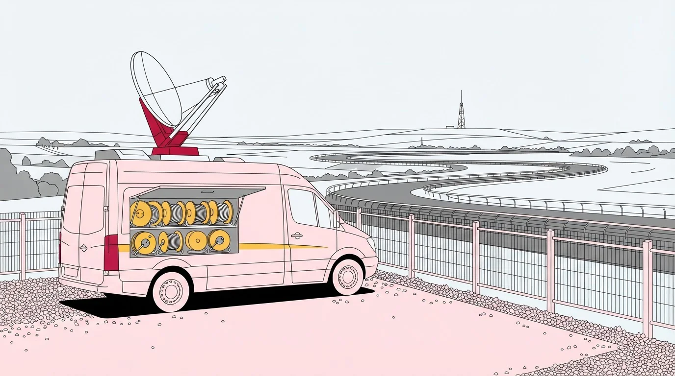 Fernsehübertragungswagen mit Antenne nahe der Pferderennbahn
