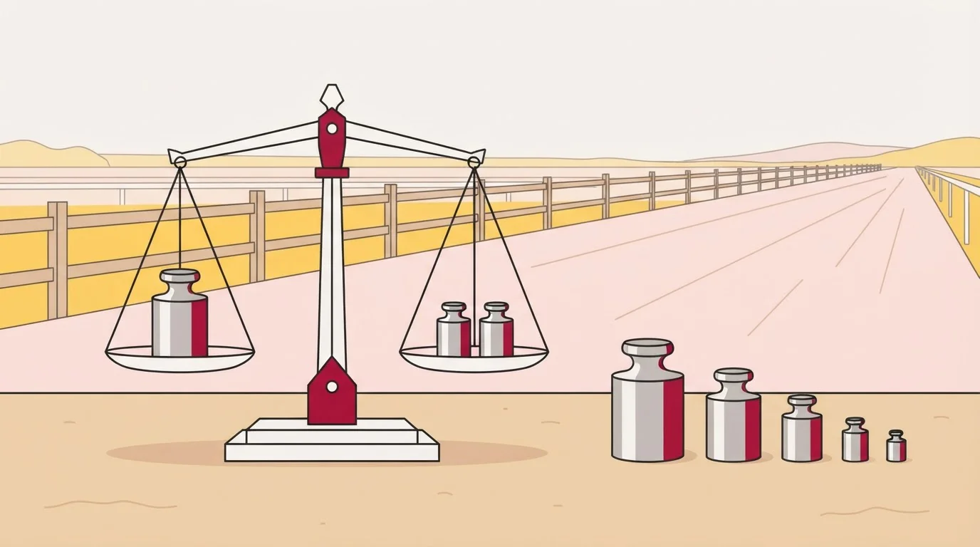 Waagschale mit kleinen Gewichten neben der Sandbahn einer Rennstrecke