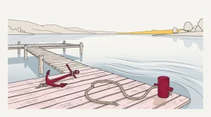 Ein schwerer Metallanker liegt an einem Holzsteg am Wasser