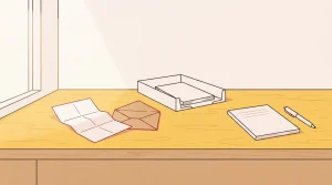 Ein gefalteter Brief liegt neben einem offenen Umschlag und einer Papierablage auf einem Schreibtisch