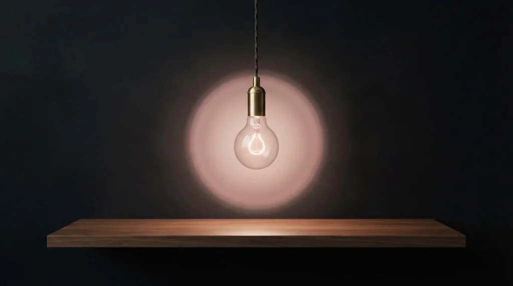 Eine einzelne leuchtende Glühlampe steht vor einem dunkelroten Hintergrund