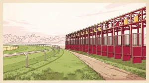 Leere Startboxen stehen an einer Pferderennbahn vor einer weiten Rasenfläche