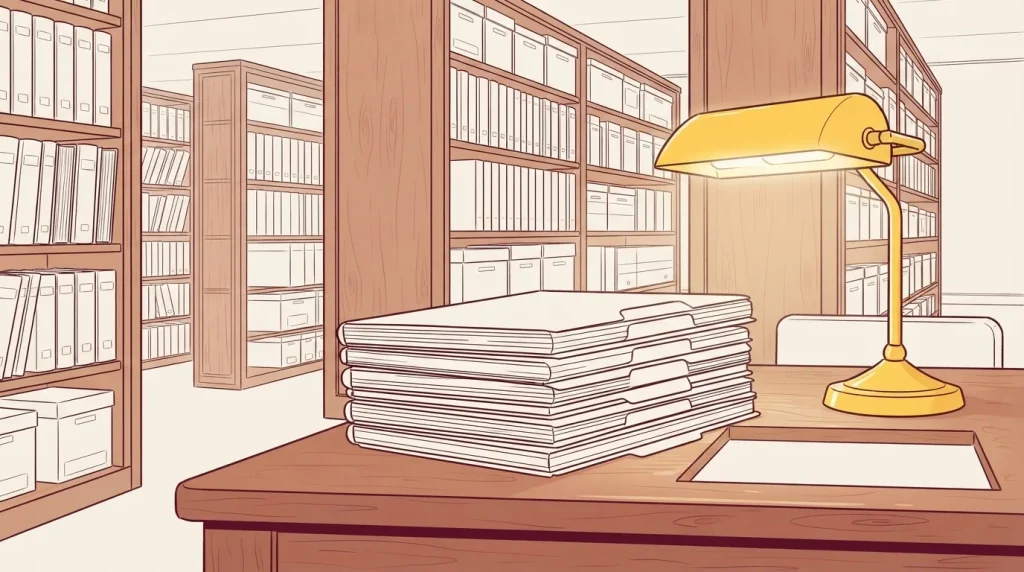 Mehrere geschlossene Archivmappen mit unbeschrifteten Registerkarten liegen auf einem Holztisch