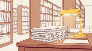 Mehrere geschlossene Archivmappen mit unbeschrifteten Registerkarten liegen auf einem Holztisch